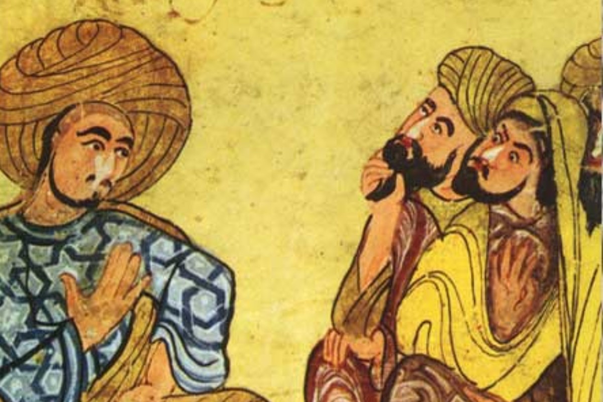 A vibrant 13th-century Arabic manuscript illustration depicting three men in robes and turbans engaged in an animated discussion.